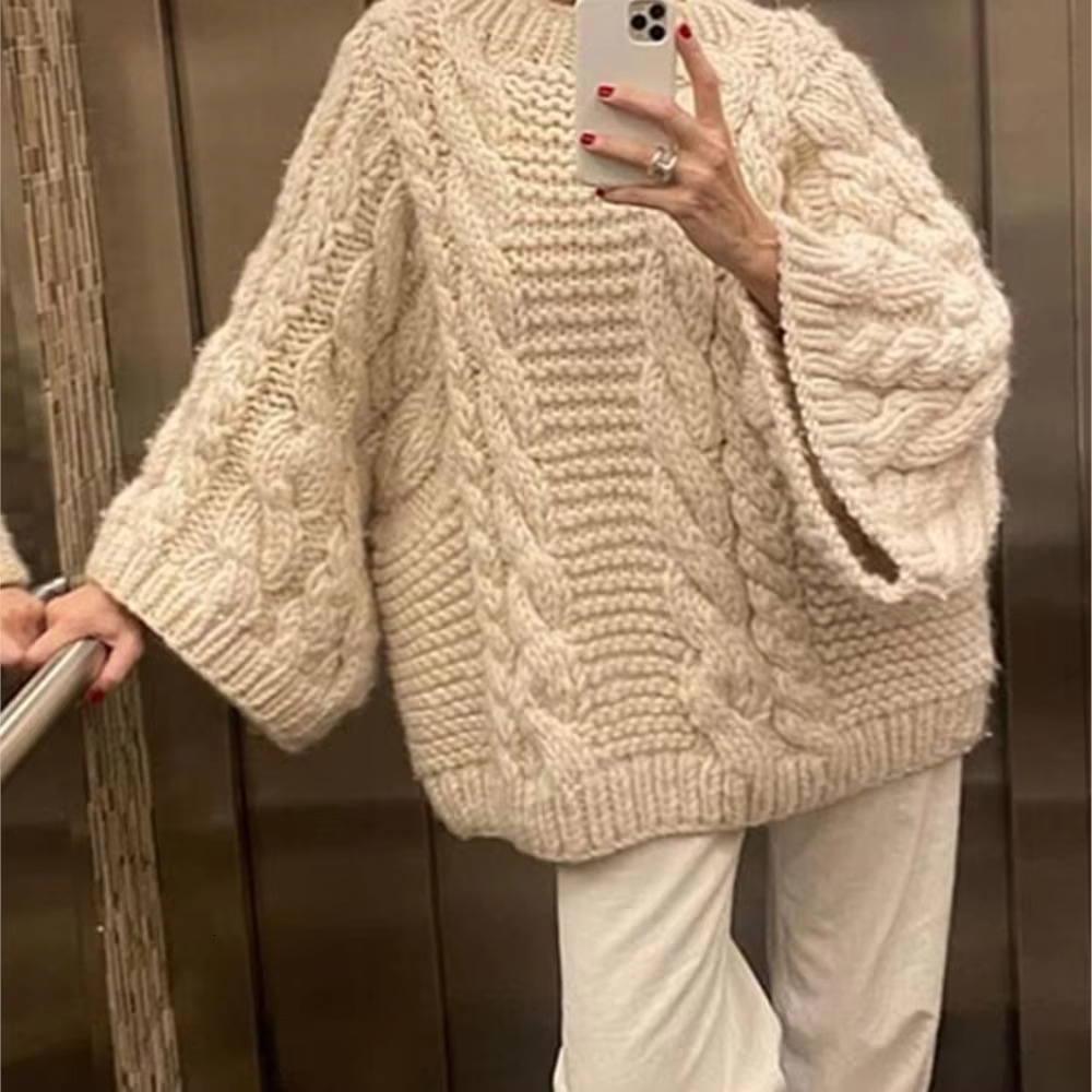 Women's Thick E Big Twist Knitted Loose Sweater Pullover Fashion Casual Crochet Round Neck Sweaters Solid Color New Knitwear