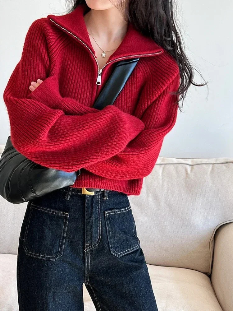 Autumn Winter Zipper Sweaters Women Solid Color High Neck Knitted Pullover Solid Red Loose Turndown Collar Womens Turtleneck 250117