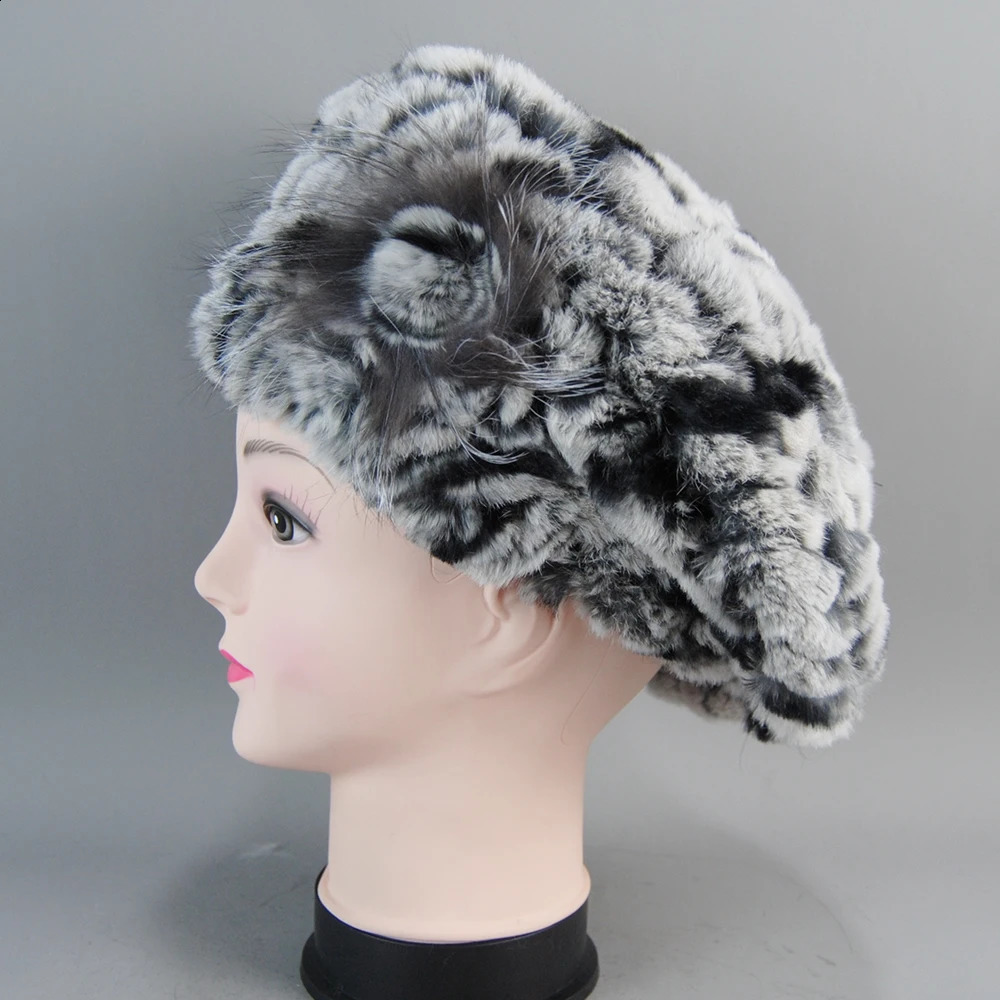 Rex Rabbit Fur Beanies Hat Womens Knitted 100% Natural Rex Rabbit Fur Beret Womens Winter Warm Fur Hat 250109