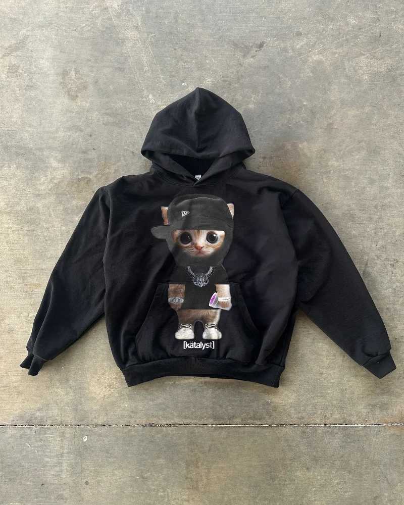 American Fashion Casual Mens Hoodie Y2K Harajuku Retro Cartoon Cat Print Street Gothic Trendy Loose Couple Sweater Womens W250117
