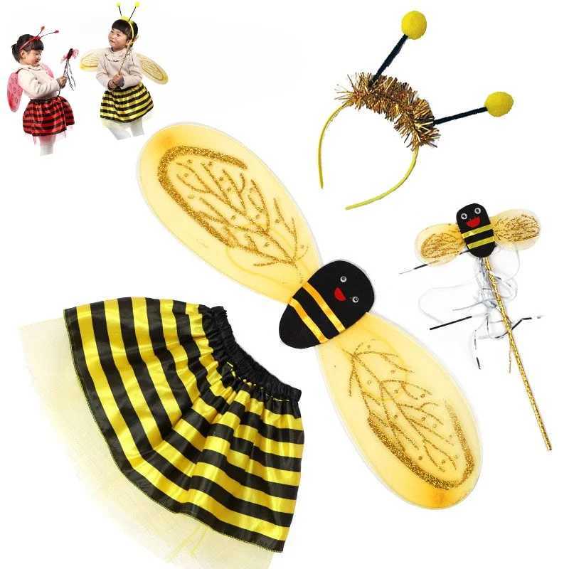 4Pcs/Set Ladybird Bee Cute Wing Tutu Skirt Wand Headband Kid Fairy Costume Set Gifts for Girl Halloween Dress Up Festival Outfit W250117