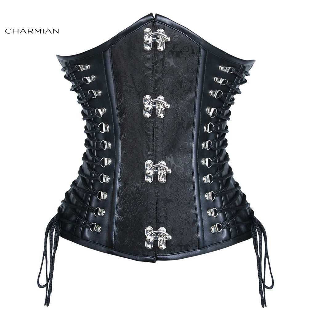 Charmian Steampunk Leather Corset Womens Vintage Plus Size Spiral Steel Boned PVC Corset Underbust Waist Trainer Goth Bustiers W250120