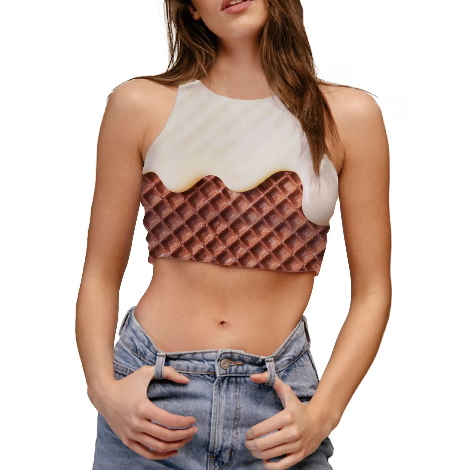 3D Print Woman Clothing Ice Cream Graphic Vest Lovely Clothes Round Neck Sleeveless T-shirt Funny Sexy Summer Girl Crop Top 250116