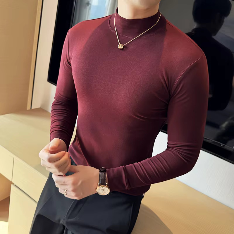 Male Designer T-shirt Korean Clothing High Elasticity High Neck Slim Fit Long Sleeved Men's T-shirt Casual Top