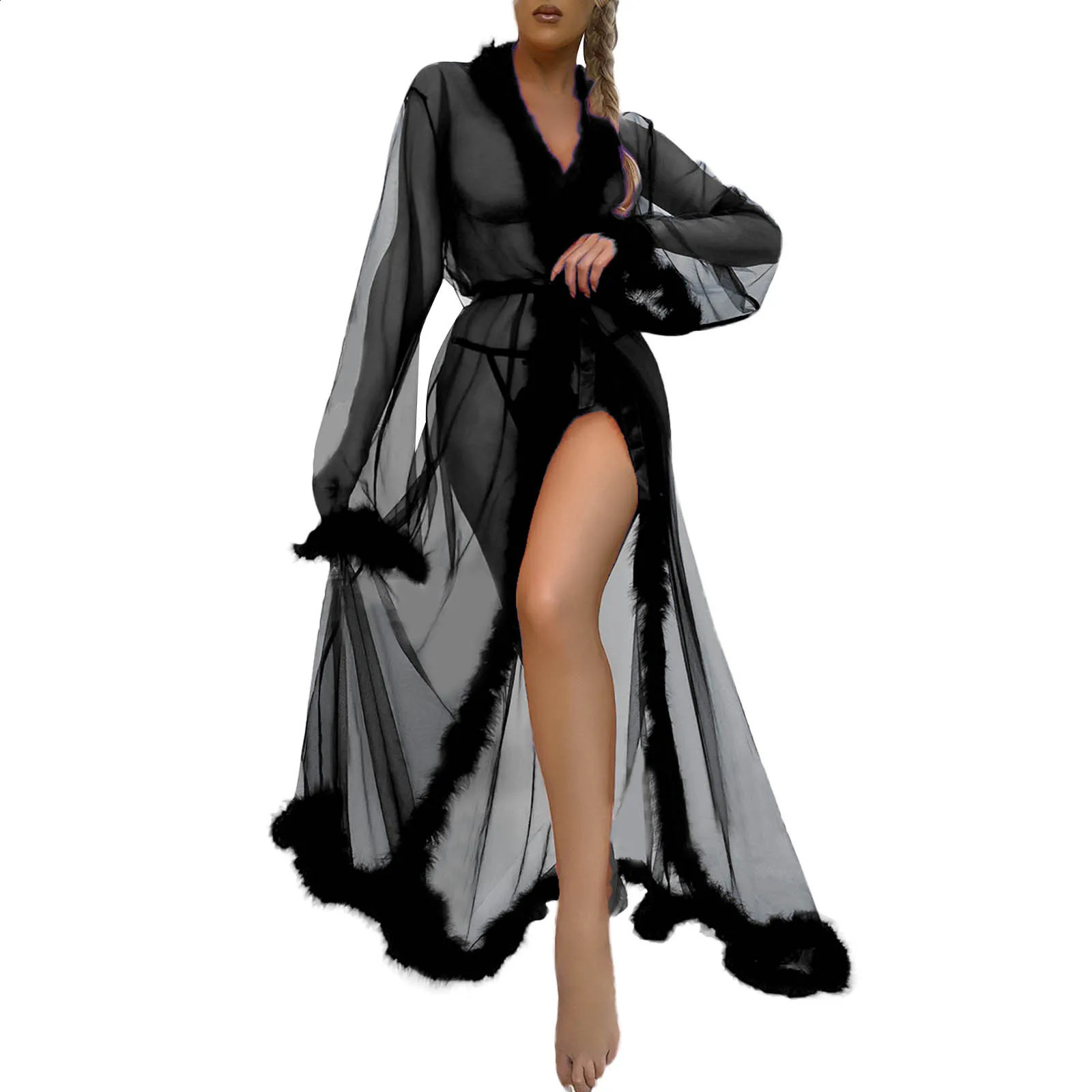 See Through Chiffon Cardigans Robe Bikini CoverUps Swimsuit Smock Long Beach Dress with Belt Sexy Bathing Suit Cover Up 250122