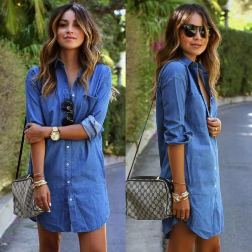 Factory Direct Sales Women Denim Jeans Button Summer Long Sleeve Casual Tops Shirt Dress