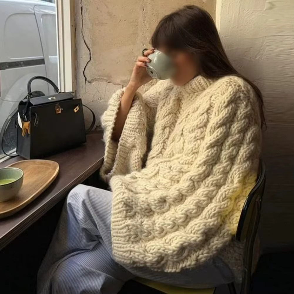 Autumn Winter Warm Fried Dough Twists Long Sleeve Knit Thermal Sweater Fashion Top Women Clothing