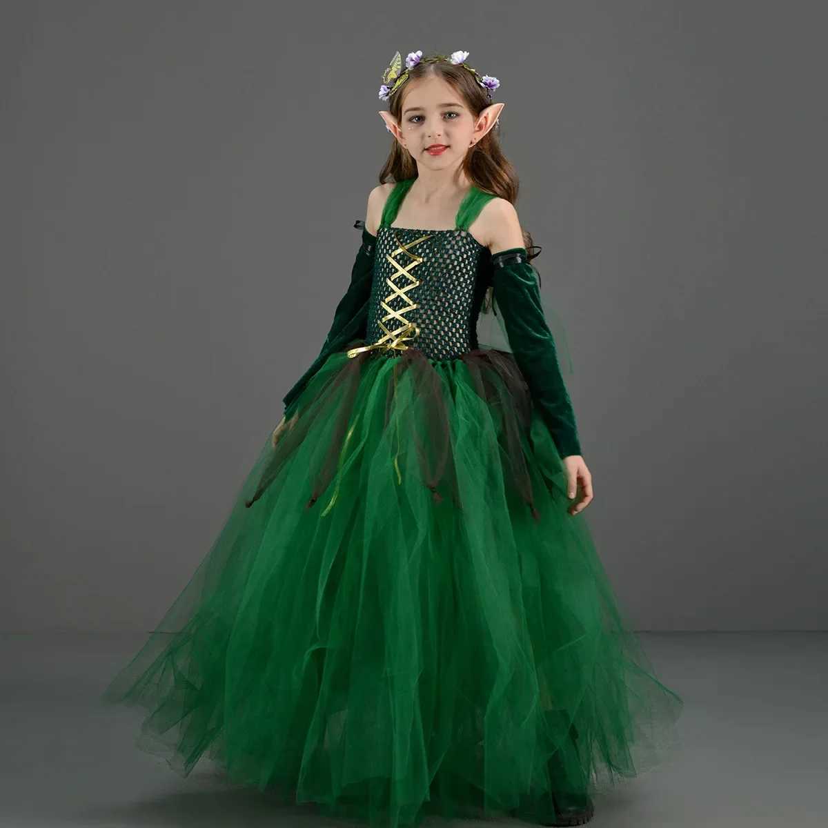 Kids Girls Elf Cosplay Dance Skirts Costume Children Roleplay Dress Up Performance Stage Dress Elf Earrings Halloween Clothes W250117