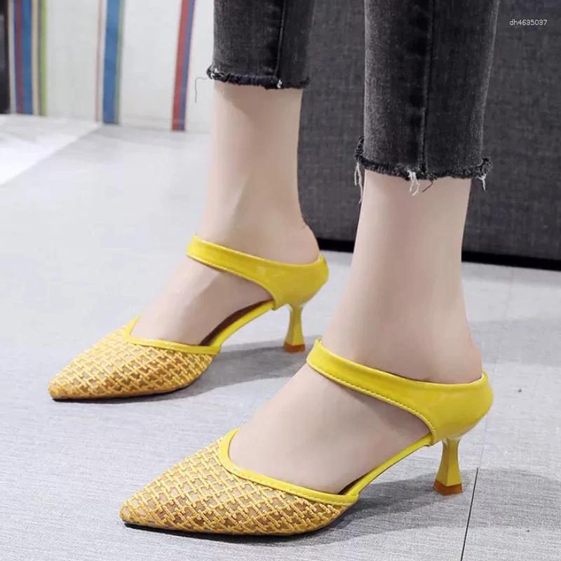 Dress Shoes 2025 Summer With Mesh Hollow Bun Head Fashion All-match High-heeled Slippers zhanyishengli