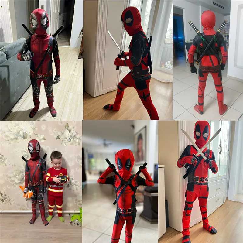 Childrens Death Pool cosplay jumpsuit movie hero character mask tight fitting suit dagger toy set Halloween New Year costume and sword bag gift W25011