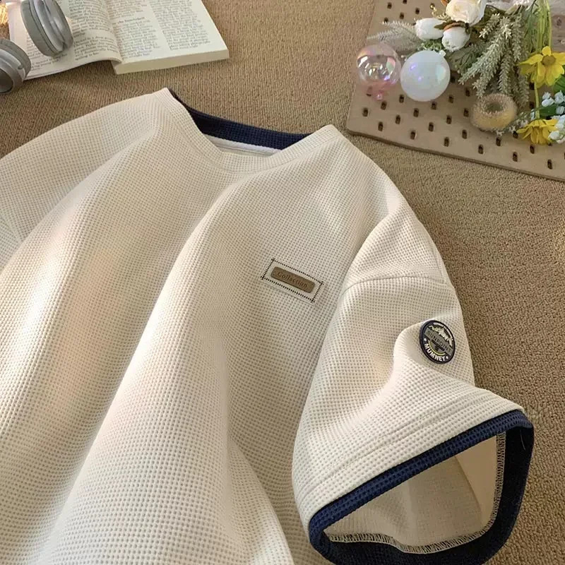 Summer Waffle Short Sleeve T Shirt For Men Vintage Appliques Loose T-shirts Couple Y2K Streetwear Clothes Two-piece Tees 250109