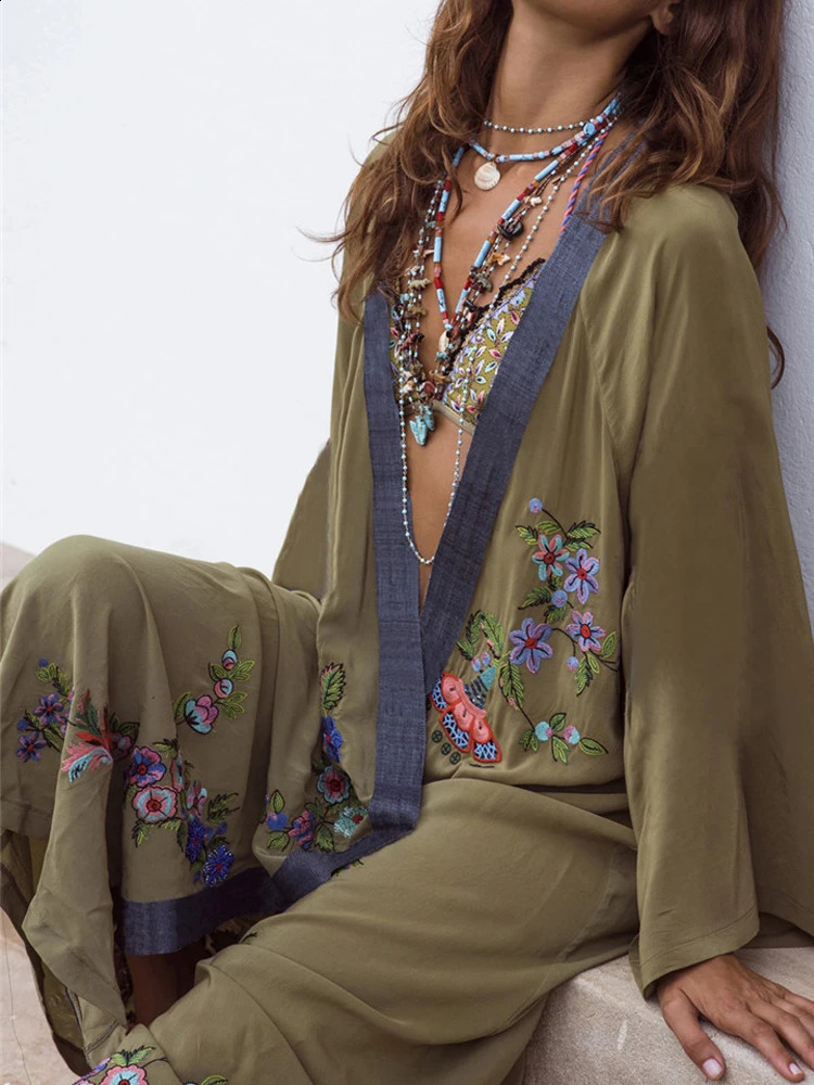 Vestidos Boho Hippie Chic Retro Flower Embroidery Open Collar Wool Beach Tour 2025 Kimono Pareo Long Sleeve Dress 250122