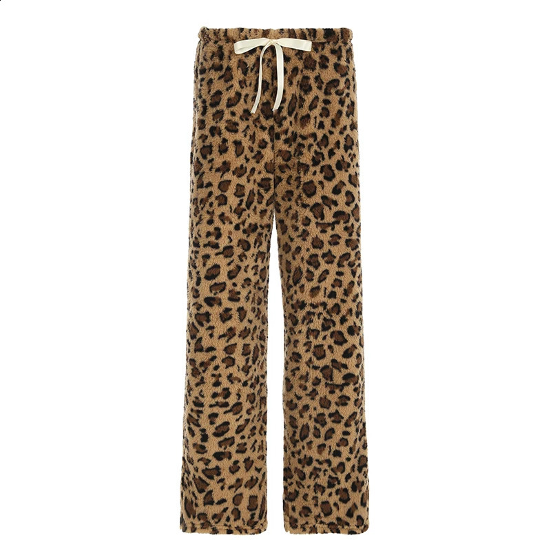 Leopard Velvet Women Loose Long Pants Bow Y2k Retro Fashion Chic Warm Autumn Trousers Street Style 250122
