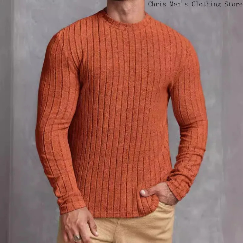 Autumn Winter Simple Fashion Mens Slim-fit Knitwear Casual Solid Color Pullover Elastic Fitness Sports Long-sleeved T-shirt 250117