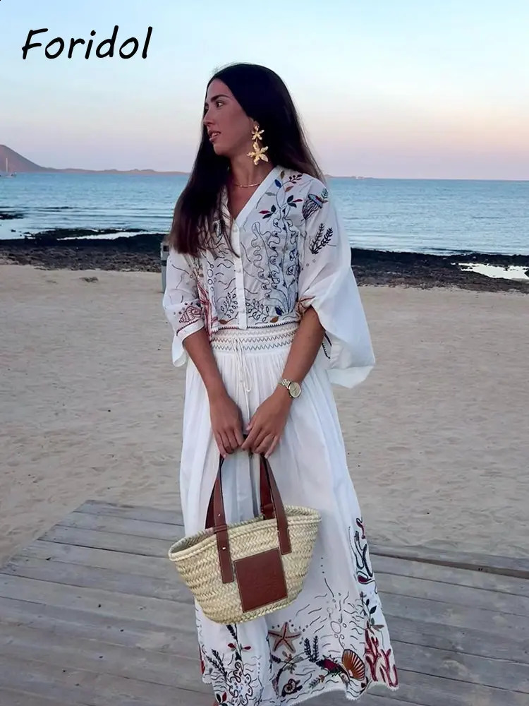 Foridol Marine Organism Embroidered Batwing Sleeve Summer Spring Long Dress Set Cotton White Tassel Dress Set Button Set 250110