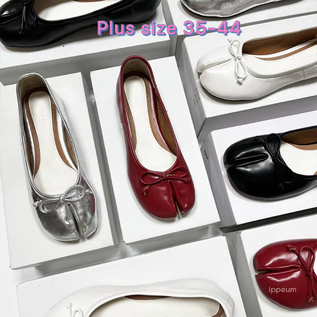 Split Toe Shoes Tabis Ballet Flats Women Black Leather Mary Janes Plus Size 44 Butterfly Knot Ballerinas Atos Mujer 250221