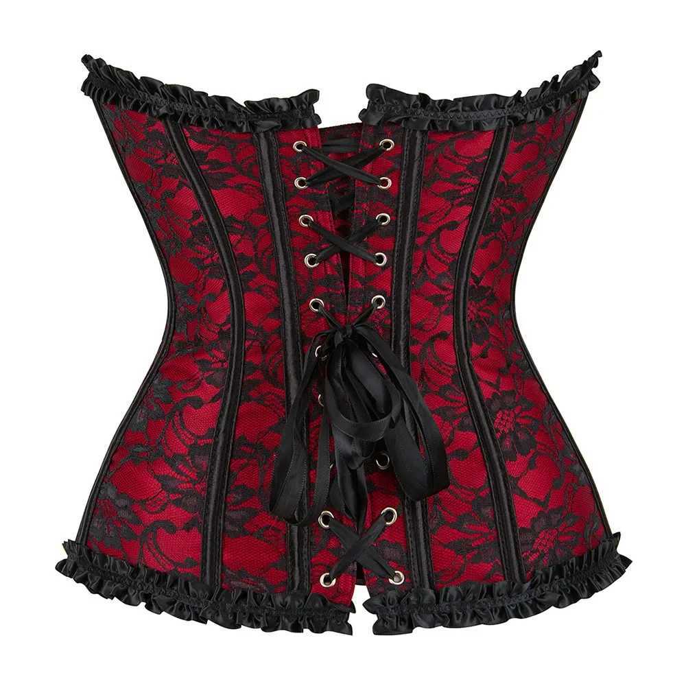 Women Corset Plus Size Lace-up Bustiers Top Sexy Overbust Vintage Flower Print Lingerie Corset Lace Corset Black Red Blue W250120