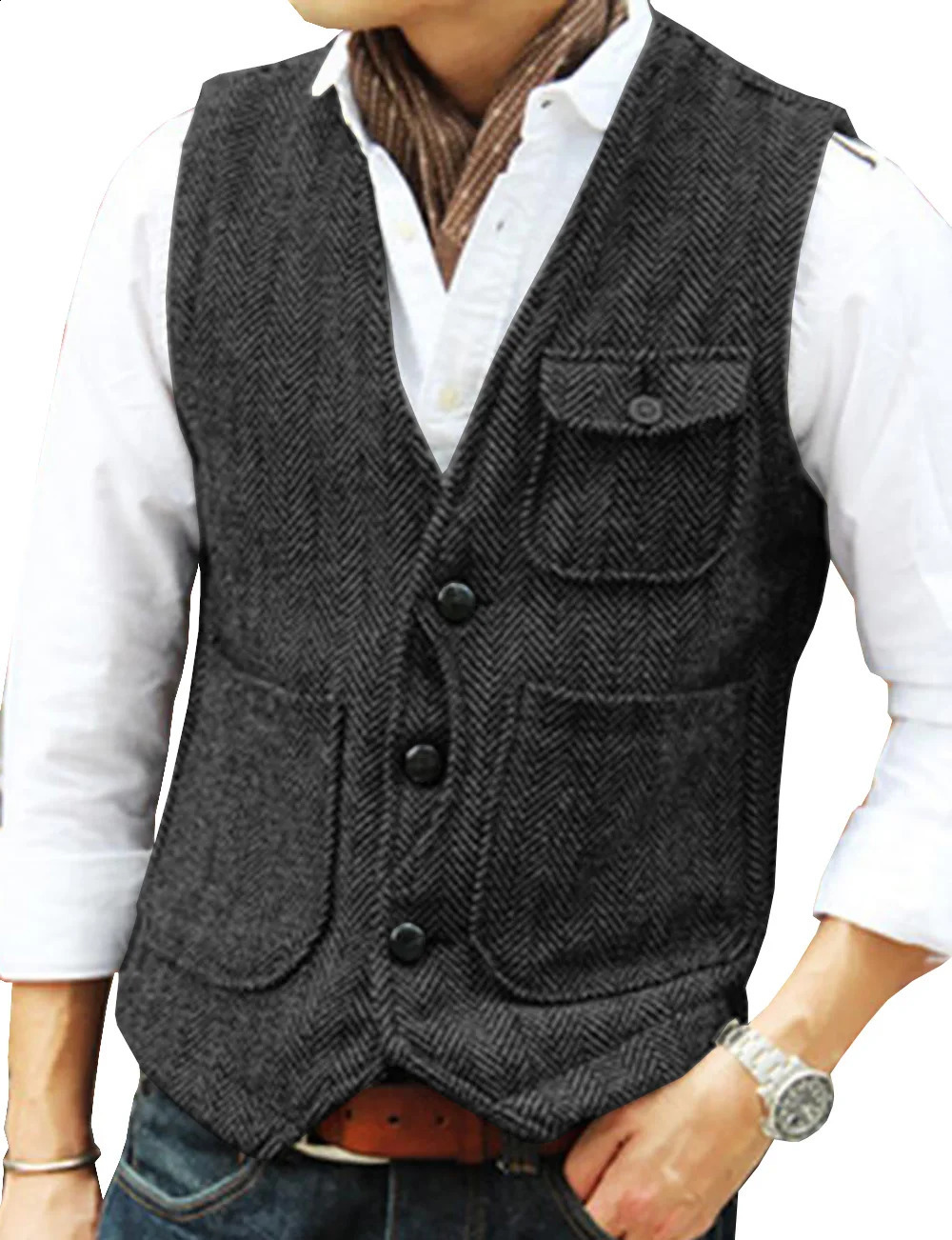 Vest Mens Casual Tooling Formal Herringbone Tweed Brown V Neck Wool Waistcoat Business Groomsman For Wedding Prom 250114