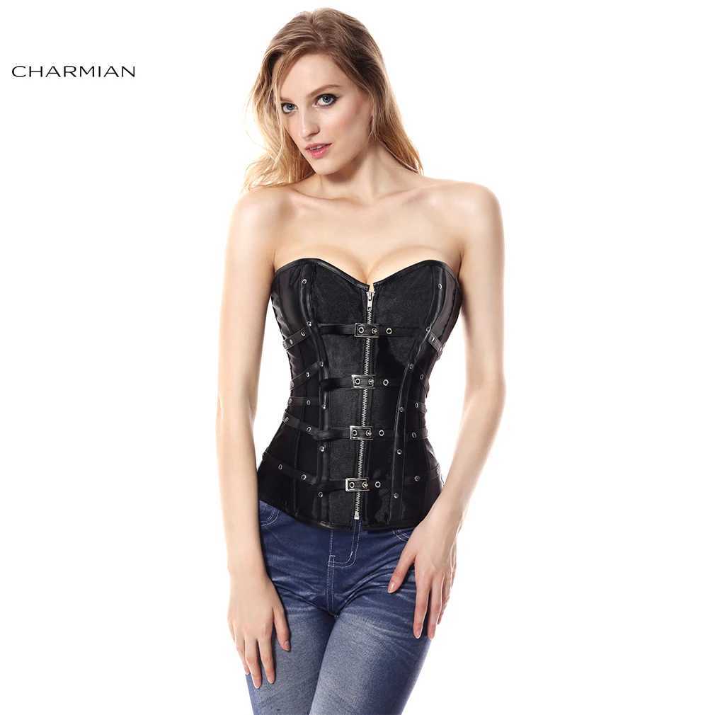 Charmian Steampunk Leather Corset Womens Sexy Gothic Satin Riveted Buckle Zipper Wrapped Armored Corset Plus Size Corset W250120