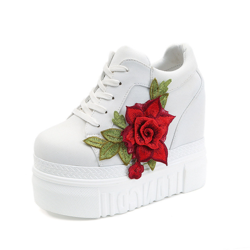 classic Height Increasing 12cm for women casual shoes white black applique flower outdoor womens trainers sneakers
