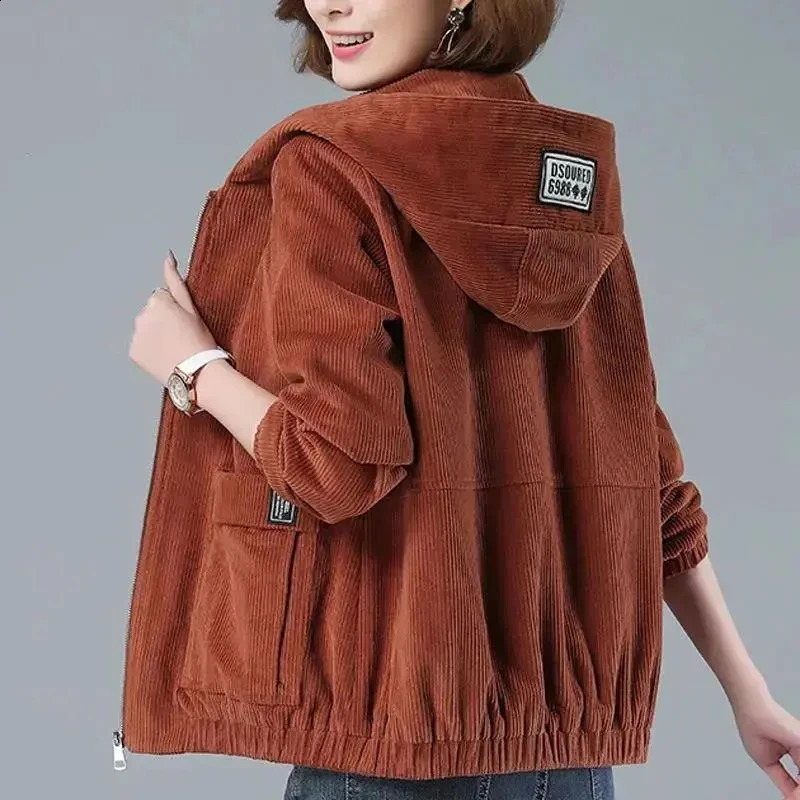 Corduroy Short Coat Womens Spring Autumn Korean Loose Solid Hooded Jacket Fashion Casual Female Zipper Tops 250120wtt