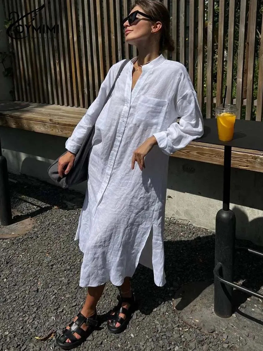 Oymimi Fashion White Cotton Womens Dresses Elegant Long Sleeve Single Breasted Dresses Casual Pockets Side Slit Mid-Calf Dress 250122