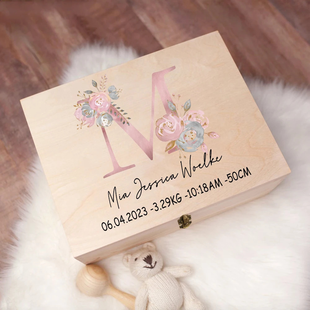 Personalized Baby Gift Keepsake Box Custom Memory Box Flower Letter Print Wooden Box born Shower Gift Baby Birth Stats Box 250120