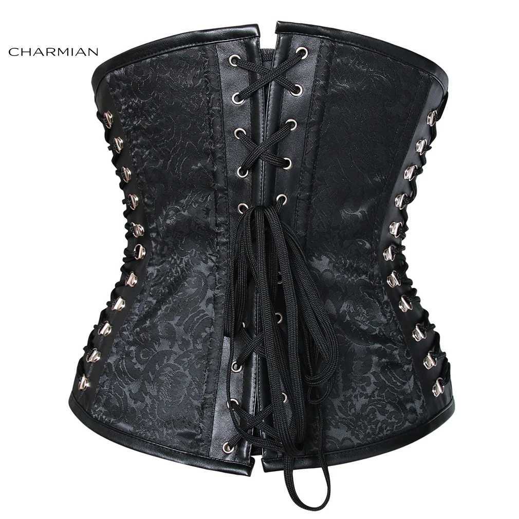 Charmian Steampunk Leather Corset Womens Vintage Plus Size Spiral Steel Boned PVC Corset Underbust Waist Trainer Goth Bustiers W250120