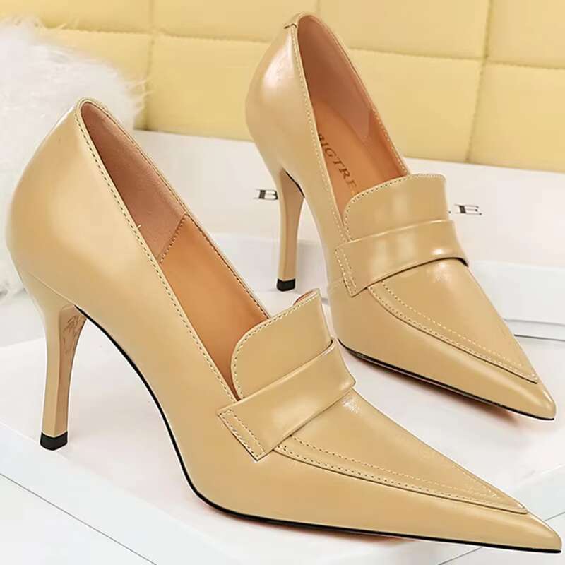 Women 10cm Pumps Retro Simplicity Pu Leather Super High Stiletto Heels Lady Brown Office Shoes Small Size 34-40