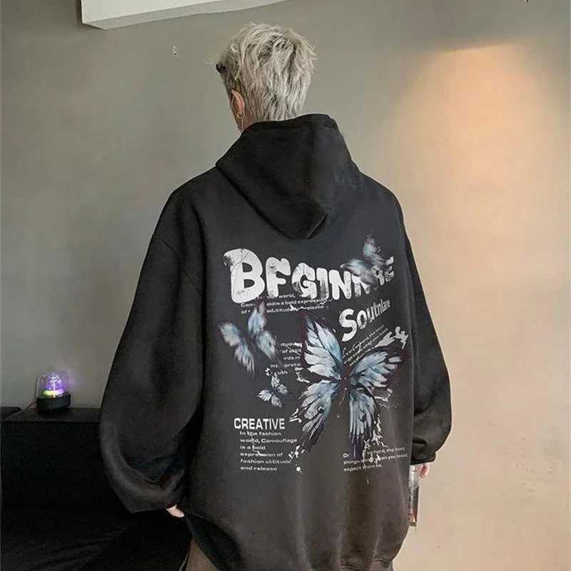 New Creative Butterfly Printed Suede Hoodies For Men Hip Hop Fashion Oversized Hoody Sweatshirts Women Y2K Streetwear Clothes W250117