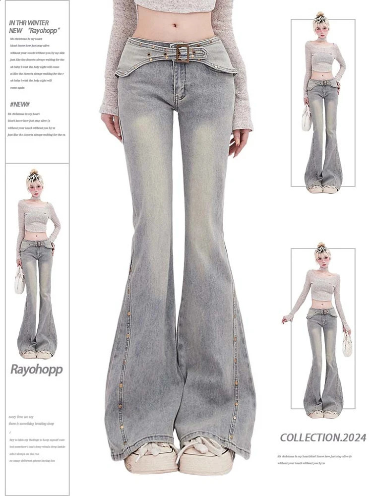 Women Y2k Korean Gyaru Kpop Low Rise Flare Jean Denim Pants 2000s Aesthetic Grunge Vintage Harajuku 250109Z