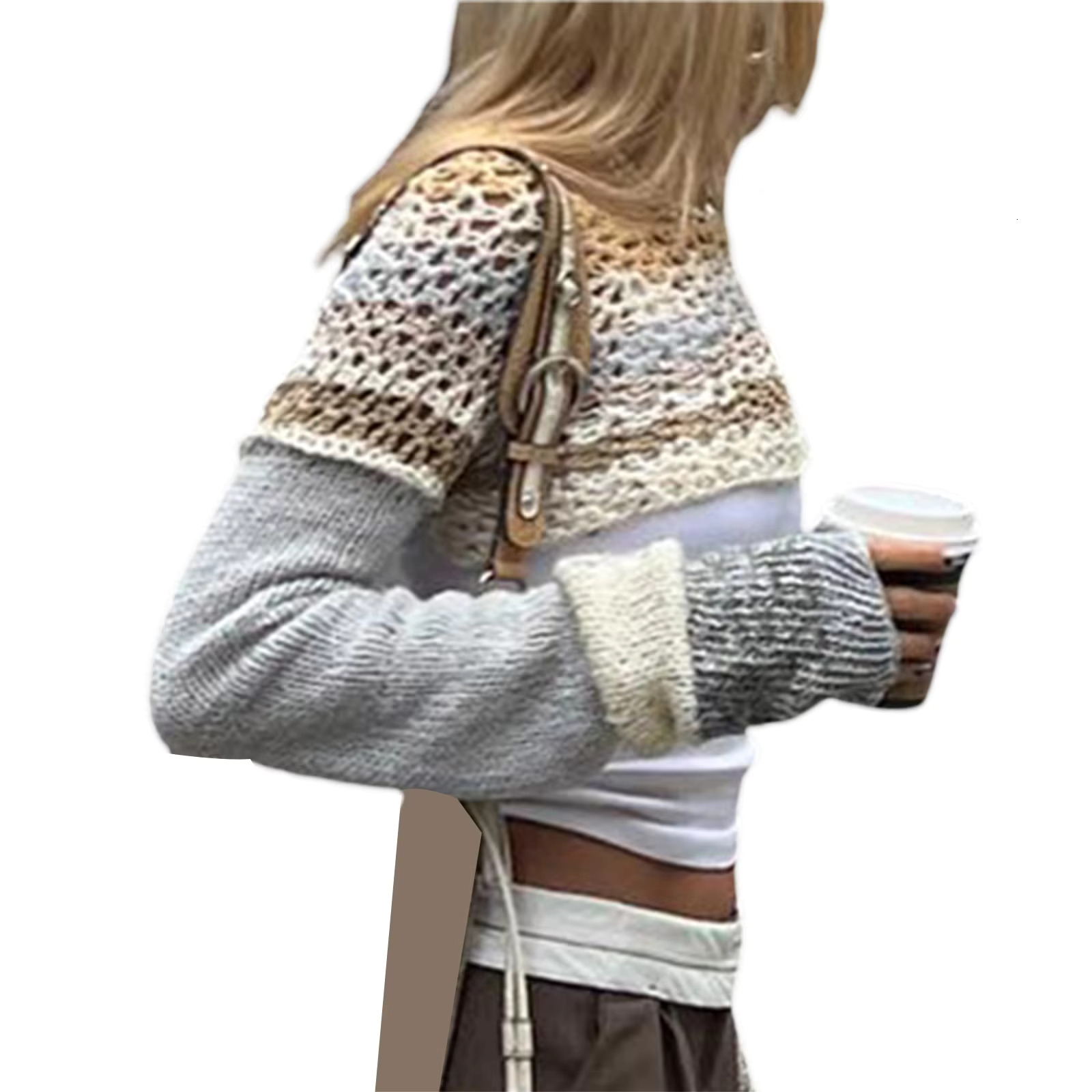 Women Knitted Crochet Sweaters Crop Tops Y2k Long Sleeve Patchwork Shrug Sweater Short Knitwear Covers Up Tee Streetwear