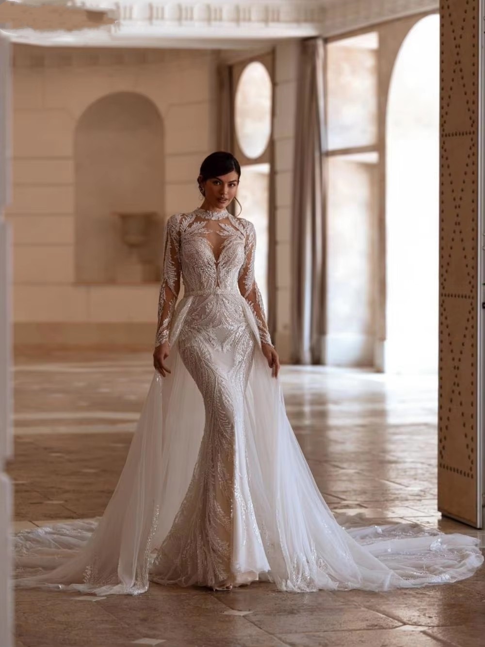 Gorgeous Mermaid Wedding Dresses For Women Jewel Neck Long Sleeves Gown Sequins Detachable Train Customized Dress
