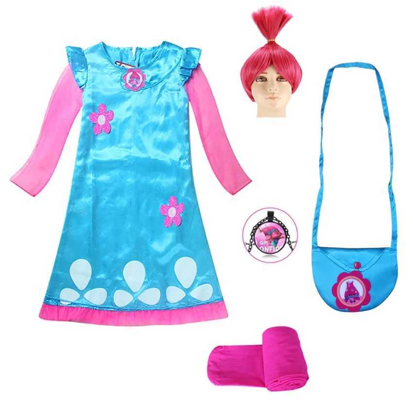 Girl Trolls Dress for Kid Poppy Halloween Costs for Kids Skirt Festival Masquerade Fancy Dress Girl Wig Disguise W250117