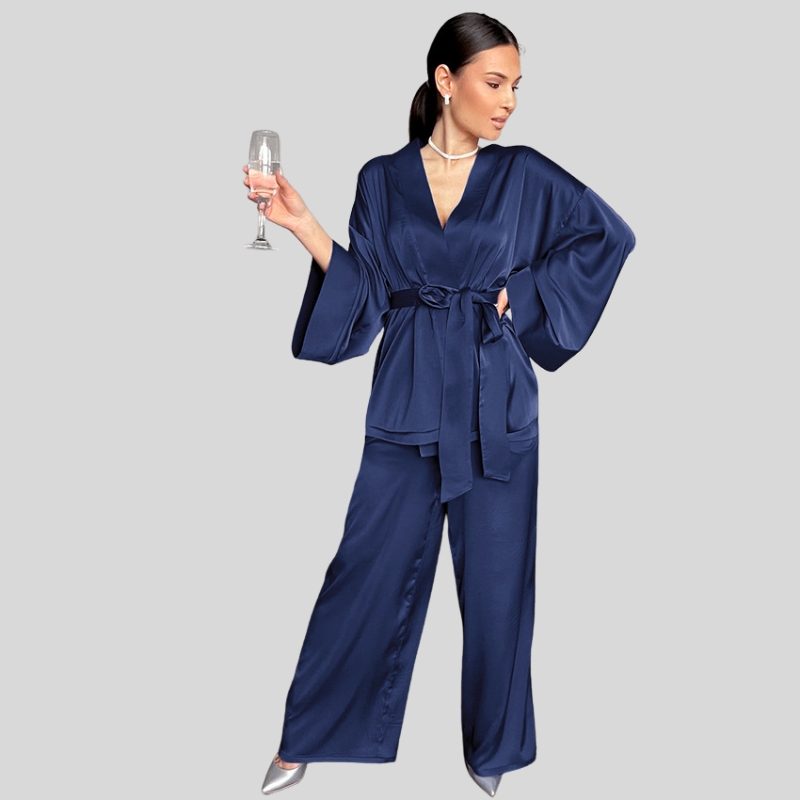 Spring European and American satin cardigan lace-up nightgown pajama pants solid color home set loose women's pajamas