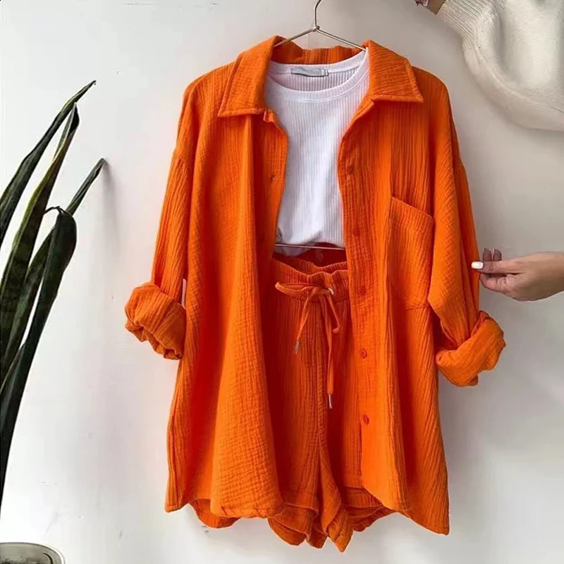 Wrinkled Shirt And Blouses Woman Long Sleeve Pockets Top Lace-up Wide Leg Short Pants 2-Pieces Solid Casual Sets Office Lady 250107