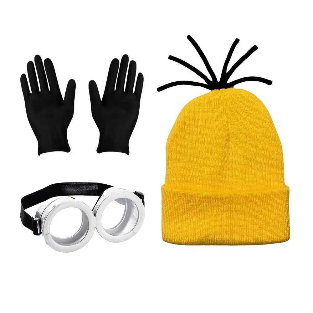 3pcs/5pcs Halloween Costume Accessories Minions Cosplay Party Set Yellow Beanie Hats Blue Dress Women Men Black Gloves for Adult W250117