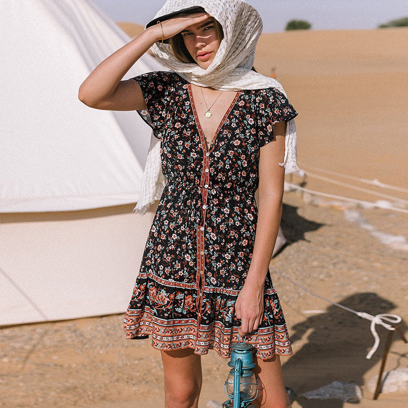2025 Women's Autumn New Designer Bohemian Floral Dress V-neck Short Sleeve Single Breasted Beach Skirt