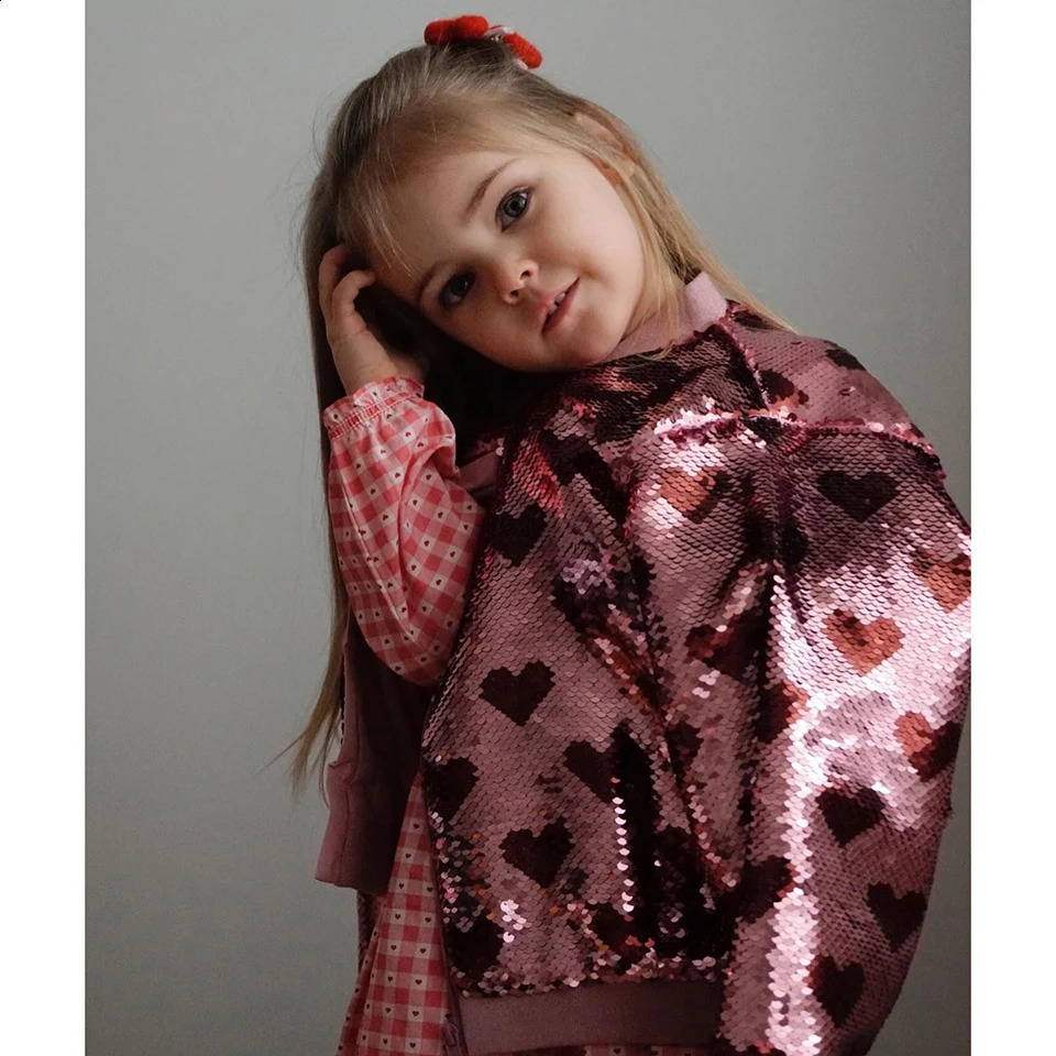2024 KS Spring Girls Love Sequins Dress Jacket Kid Casual Cute Shiny Mesh Skirt Children Princess Outwear Party Tops Clothes 250114