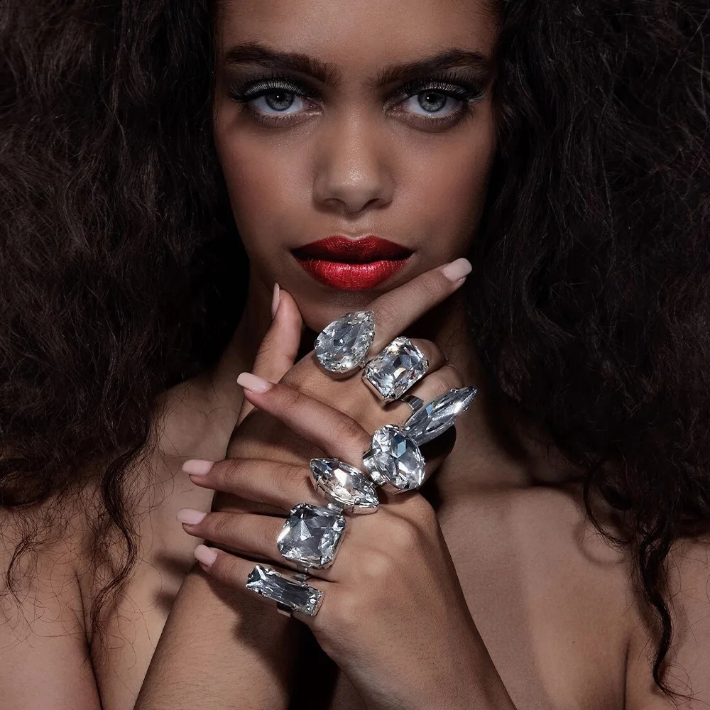 7pcs Crystal Rings Set Exaggerate Large Open Ring Hand Jewelry Fashion Finger Accessories Wedding Party Banquet 250110