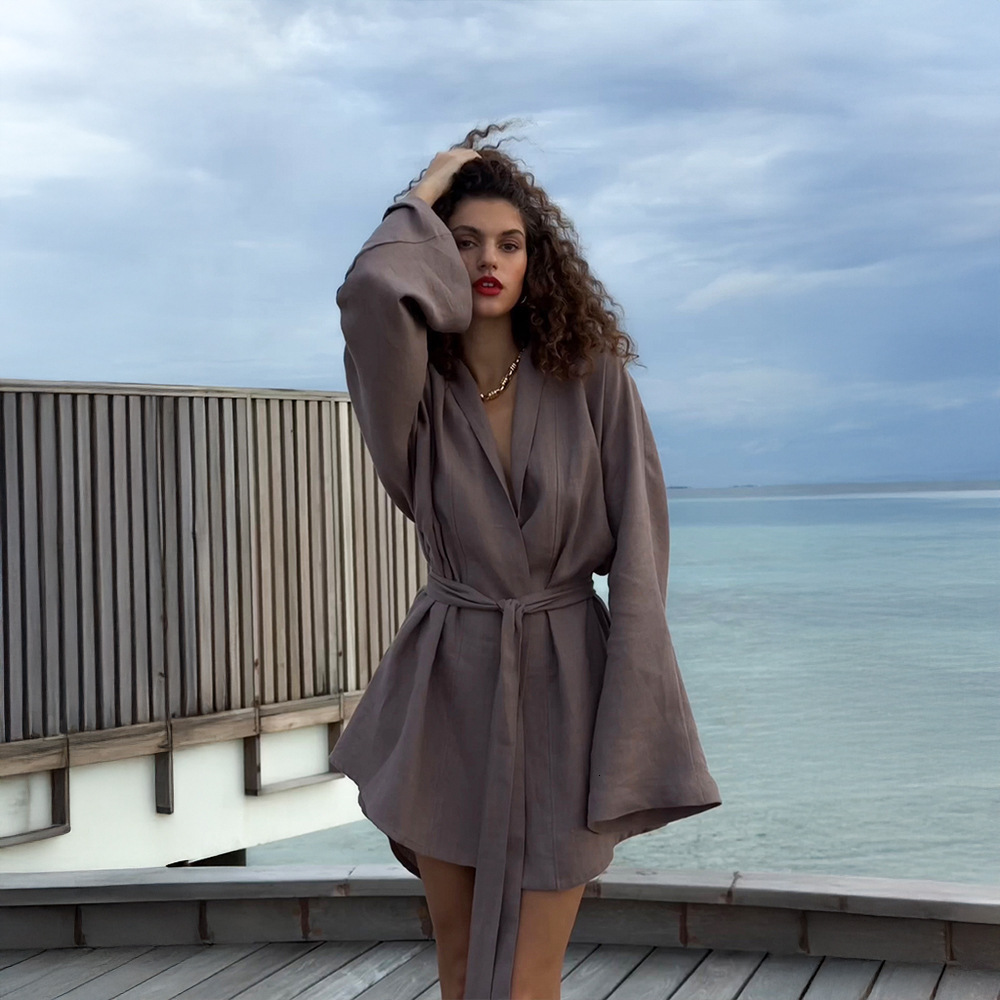 Cotton Linen Robe Women's 2025 Spring Summer New Designer Style Lace Up Dress Casual And Comfortable Beach Dress