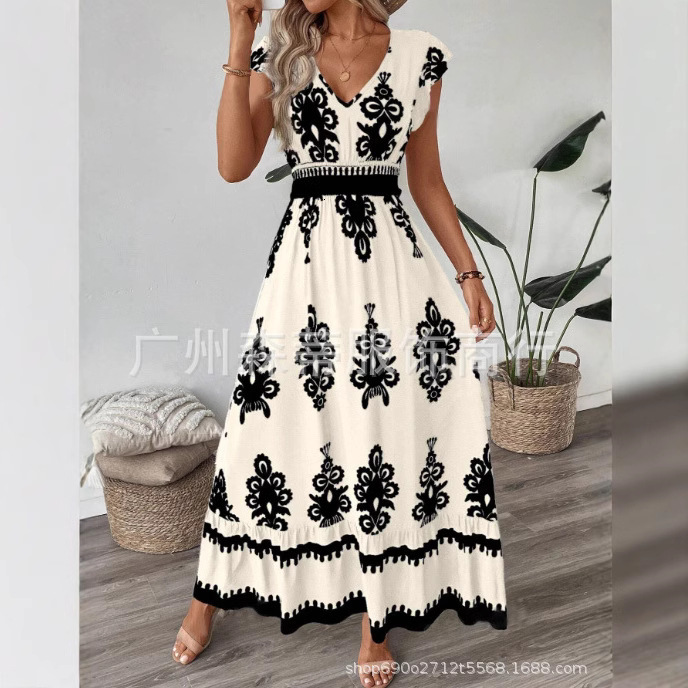 2025 Summer New Designer Women's Beach Skirt Vacation Style Printed Large Pendant Dress
