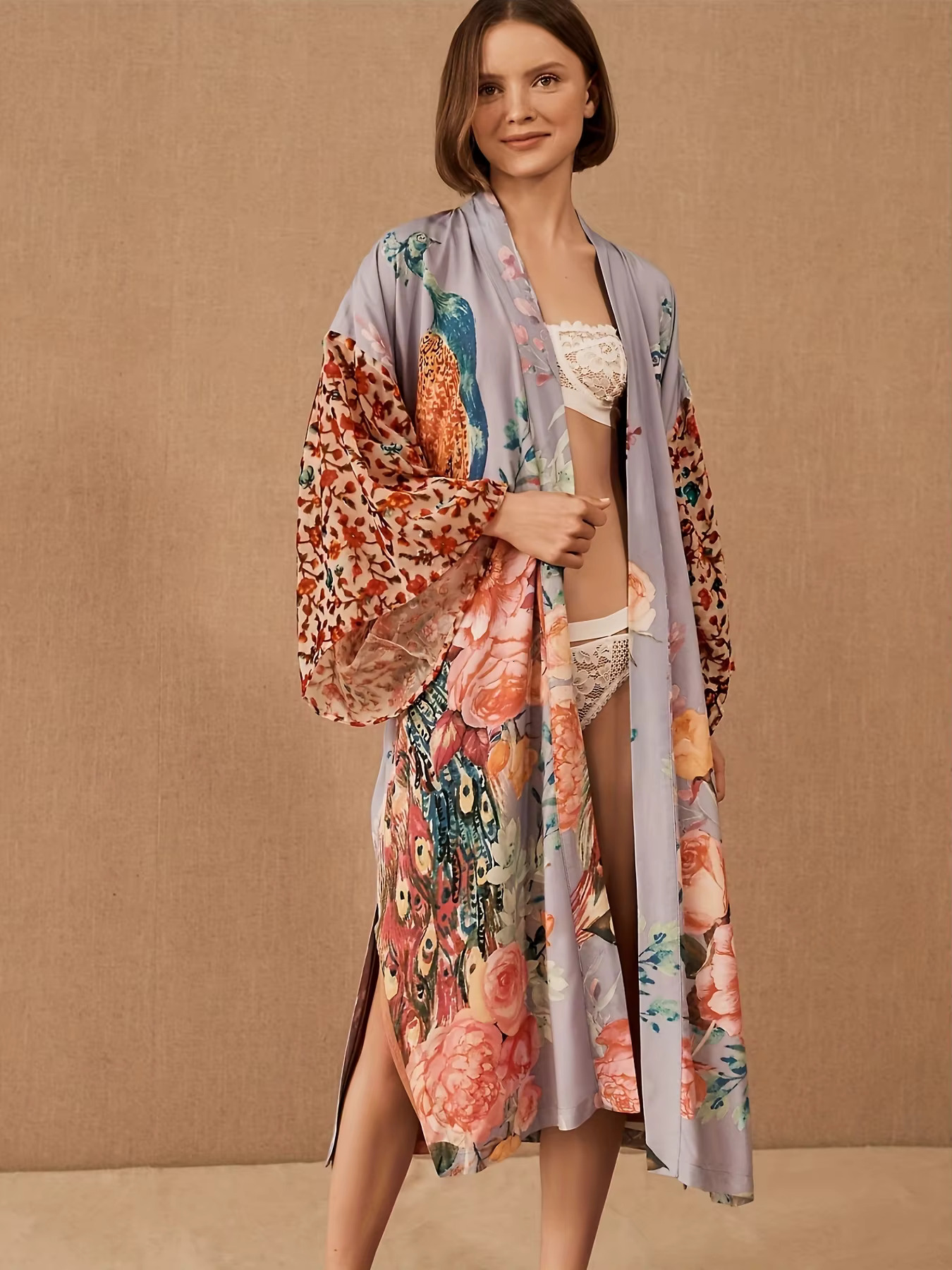 Beach Kimono For Women Peo Printed Swimsuit Cover Up Self Belted Wrap Dresses Seaside Bathing Suits Beachwear