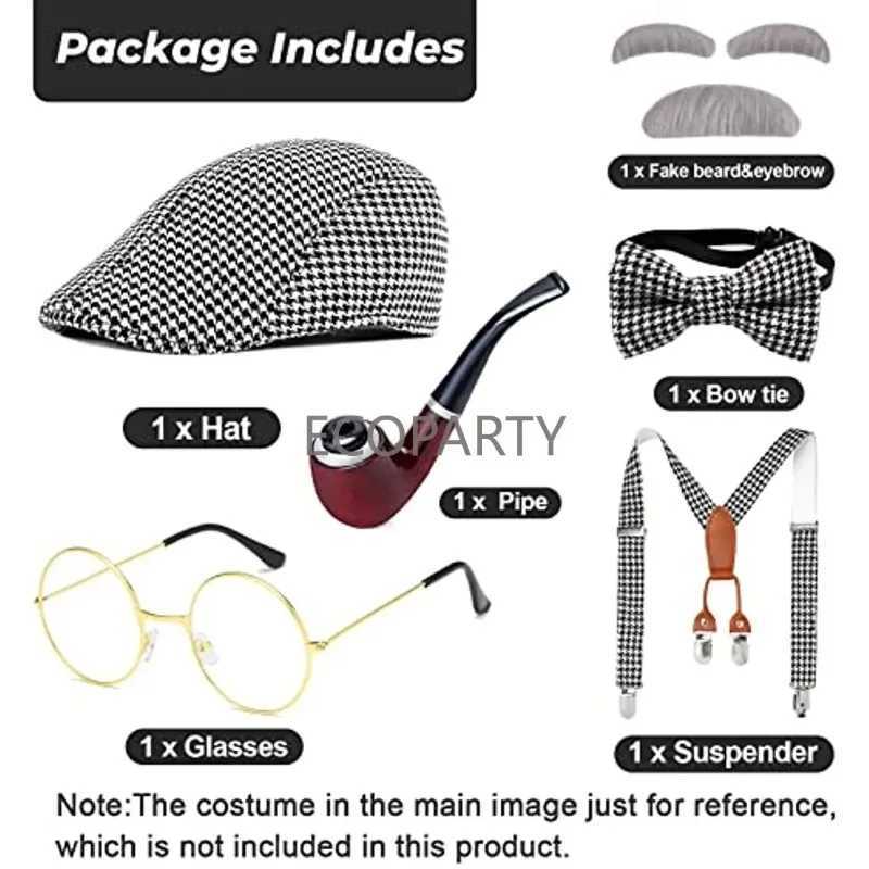 Old Man Costume for Kids100th Day of School Grandpa Costume Accessories Including Beret Hat Suspender Bowtie Beard Gangster W250117