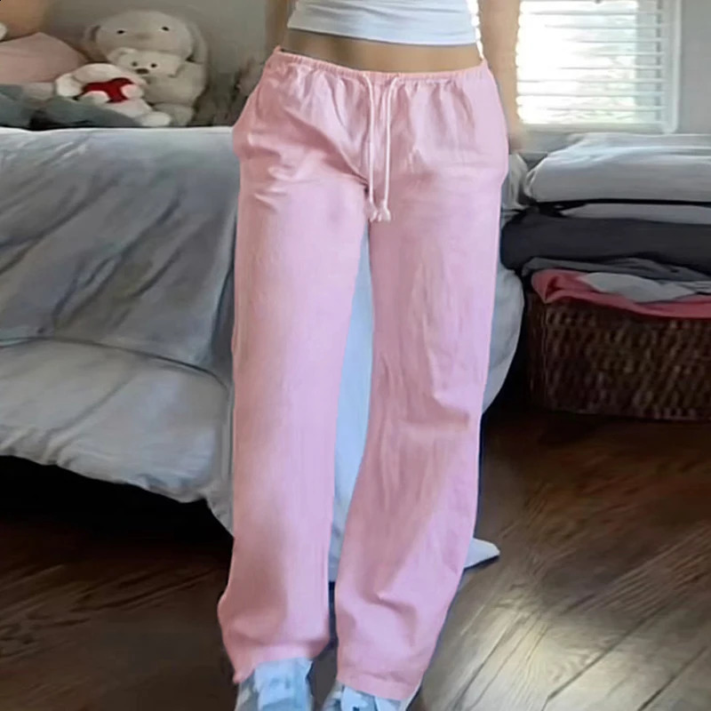 CIBBAR Drawstring Low Rise Pink Casual Pants y2k Basic See Through Pants y2k Aesthetic Straight Trousers for Women Korean Style 250122