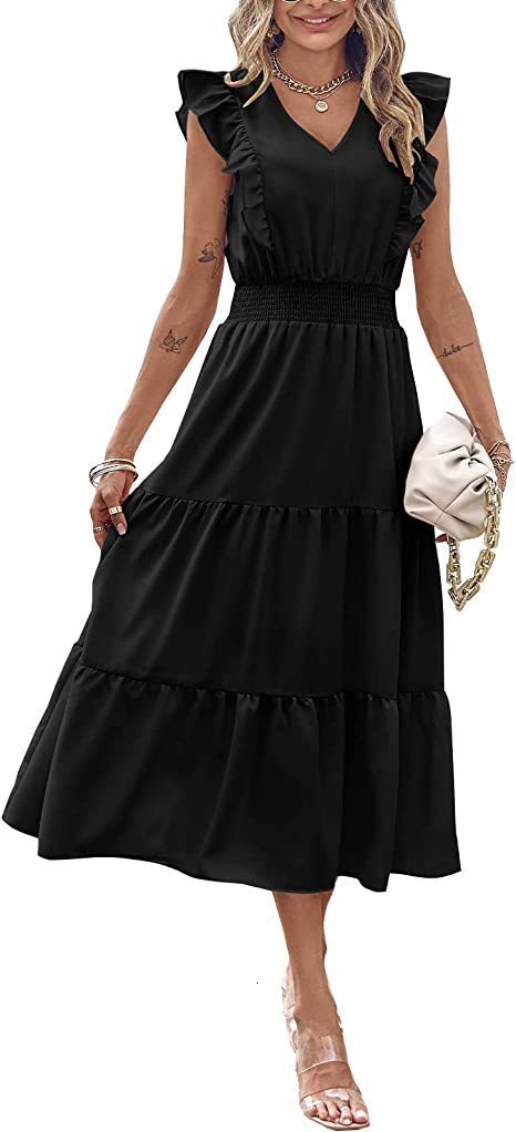 2025 Women's Designer Sleeveless V-neck Women's Elastic Waist Fold Elegant And Sexy Summer Beach Skirt
