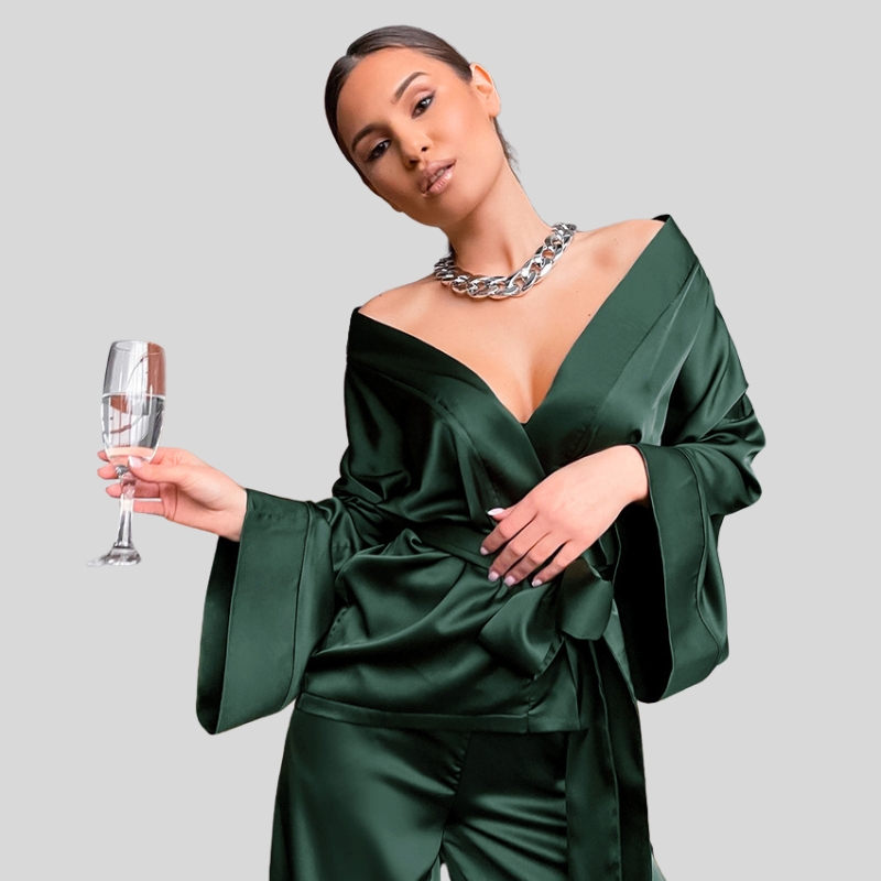 Spring European and American satin cardigan lace-up nightgown pajama pants solid color home set loose women's pajamas
