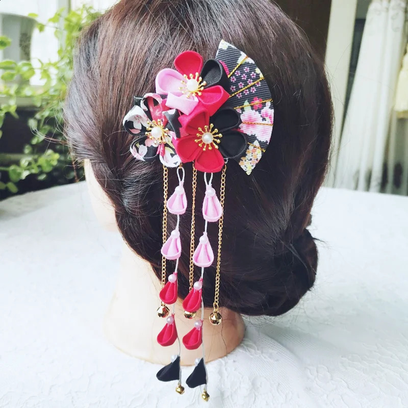 Japanese Kimono Handmade Fabric Flower Folding Fan Hair Accessories Clip Tassel Headwea Headdress Barrette Yukata Festvial Deco 250120