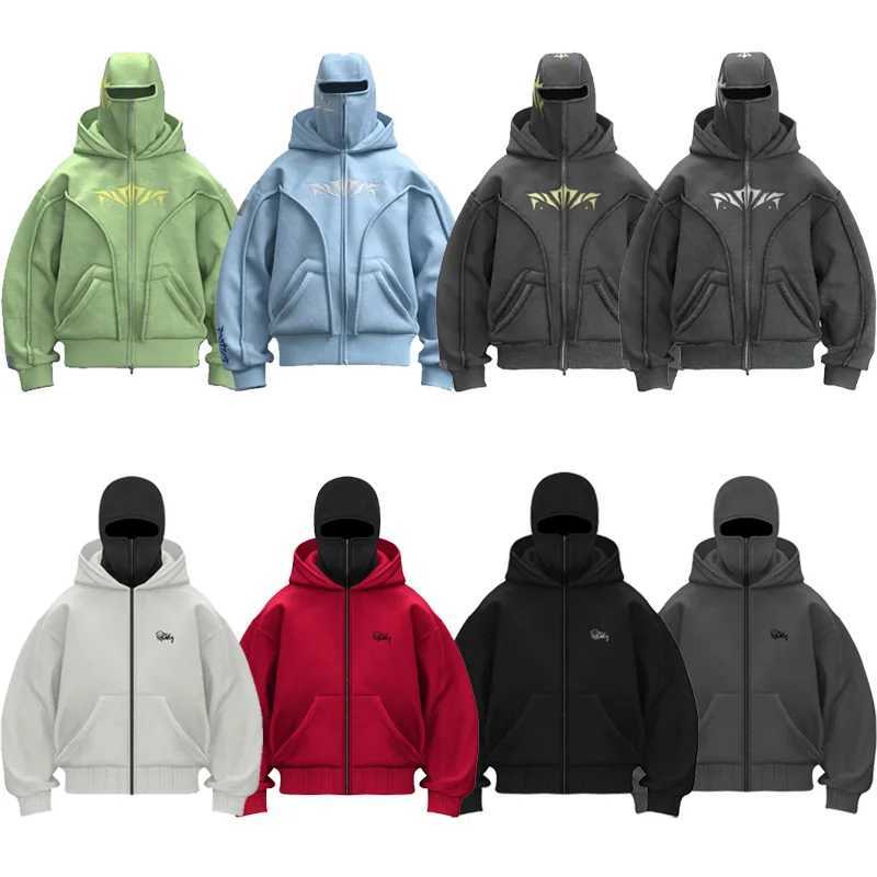 Y2K Zip up Hoodie Harajuku Double Hat Wear resistant Embroidered High quality Heavyweight Sportswear Hip Hop Mens Street Clothing Top W250117