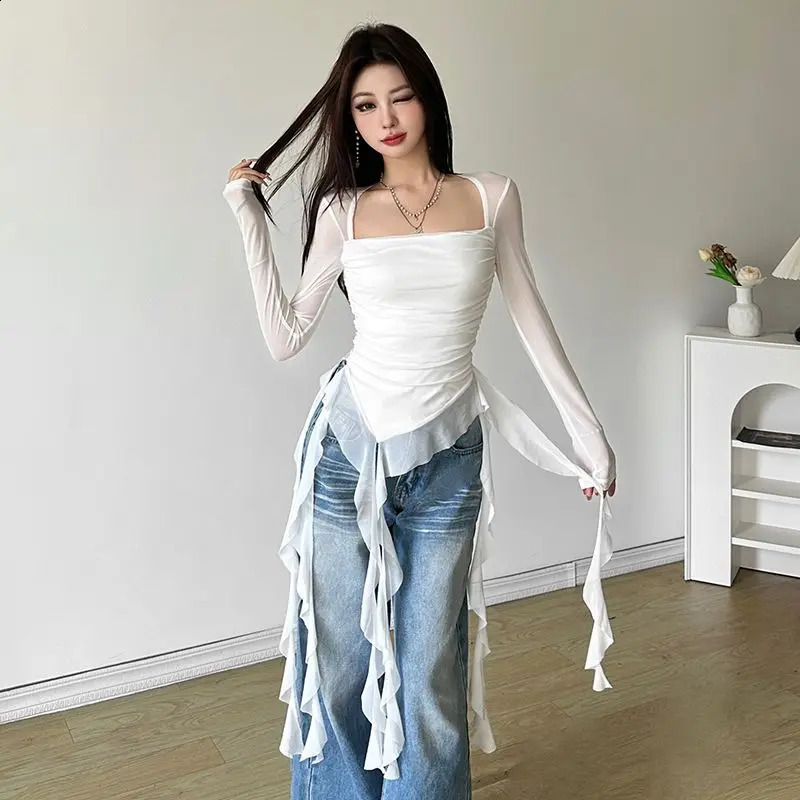 Spicy Fairy StyleLotus Leaf Edge Square Neck Thin Long Sleeve White T-shirt Women Tops Mesh Sexy Irregular Slimming y2k Top 250122